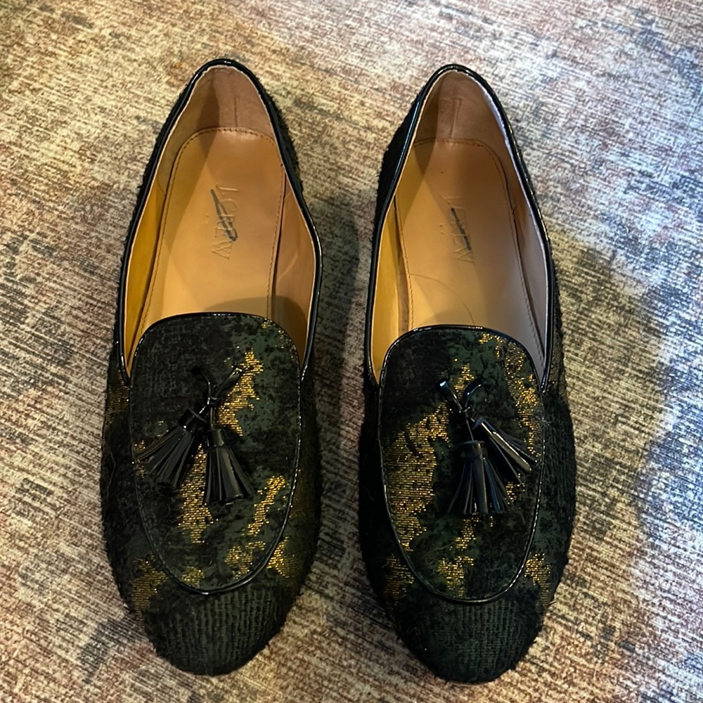 J. Crew green black and gold tassel loafers